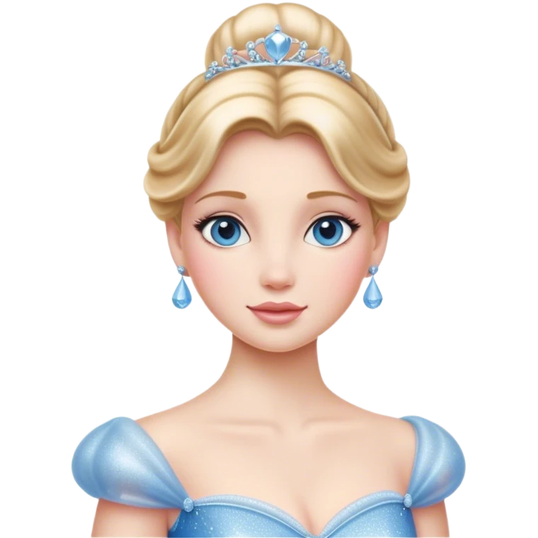 Cinematic Realistic Cinderella Portrait, depicted with lifelike skin texture, subtle rosy undertones, and soft natural lighting that enhances the gentle contours of her face. Her intricately detailed golden blonde hair is elegantly styled in an updo, with delicate wisps framing her face. Her deep, expressive blue eyes radiate warmth and sincerity, reflecting a quiet resilience and grace. She holds a glass slipper gently in one hand, her other hand resting gracefully at her side, emphasizing the timeless beauty of the moment. She is dressed in her iconic ball gown, the fabric shimmering with intricate embroidery and fine translucent layers that catch the light beautifully. The soft sheen of satin gloves adds a magical touch to her graceful pose. The portrait features an enchanting glow with a natural, luminous finish, seamlessly blending realism and fairytale charm to evoke a sense of depth, elegance, and timeless beauty. emoji