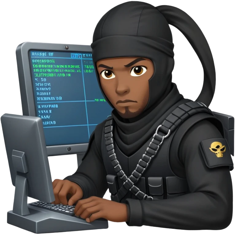 african-american mercenary black ninja hacker terminal command center emoji
