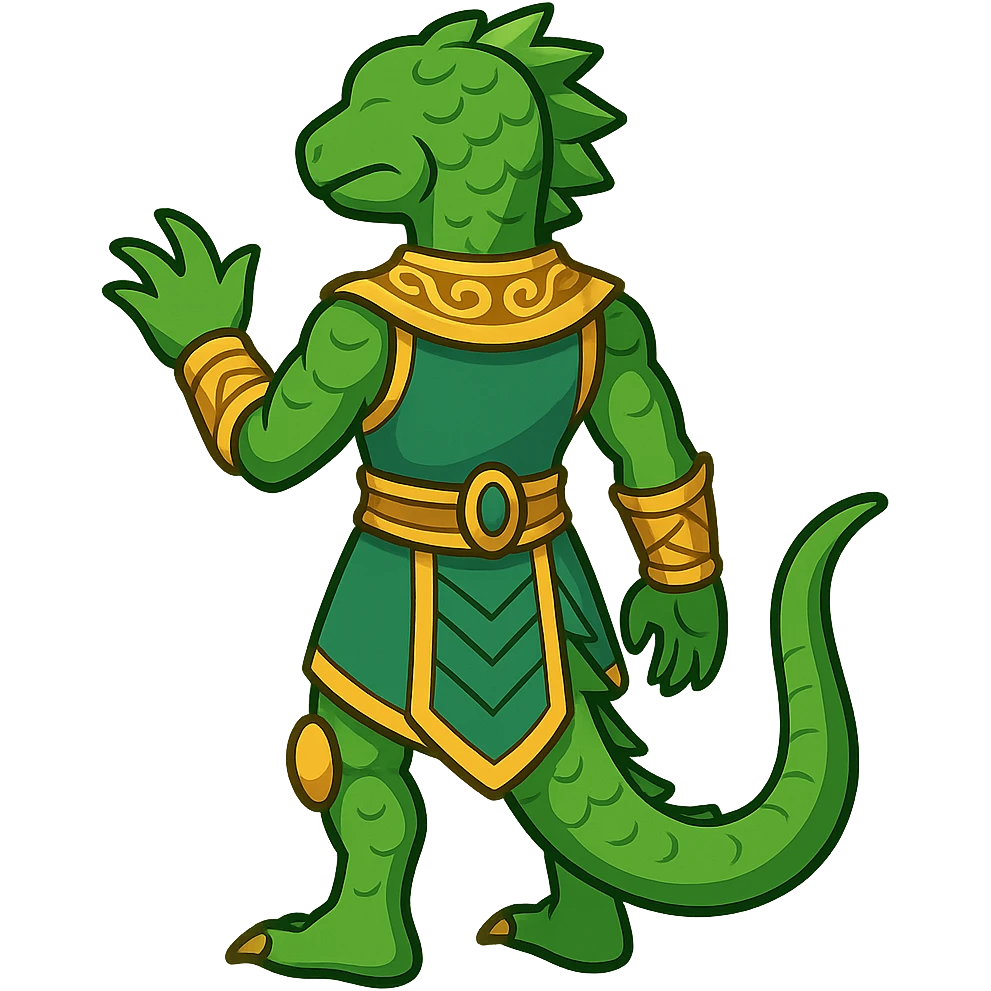 Create a full body reptilian humanoid in an ancient outfit, shown from the back view. Match the style and details of the provided reference image but adapt it to the emoji style. The image should have no background. emoji