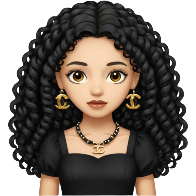 Light skin girl with black very long curly hair, brown eyes, black Chanel dress emoji