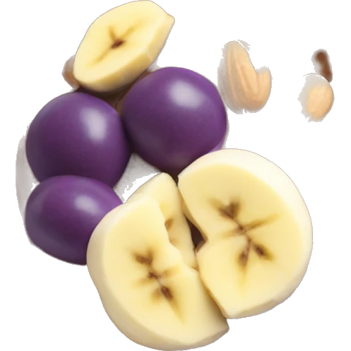 Purple acai bowl in glass layered with peanut butter, banana, almonds emoji