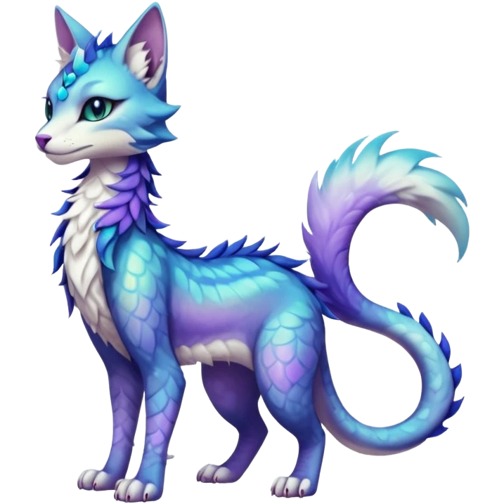 Kawaii iridescent beautiful pretty elegant divine edgy fantasy feline-vernid-sergal-fursona-animal-creature with a tufted tail and accessories, full body with intricate markings  emoji
