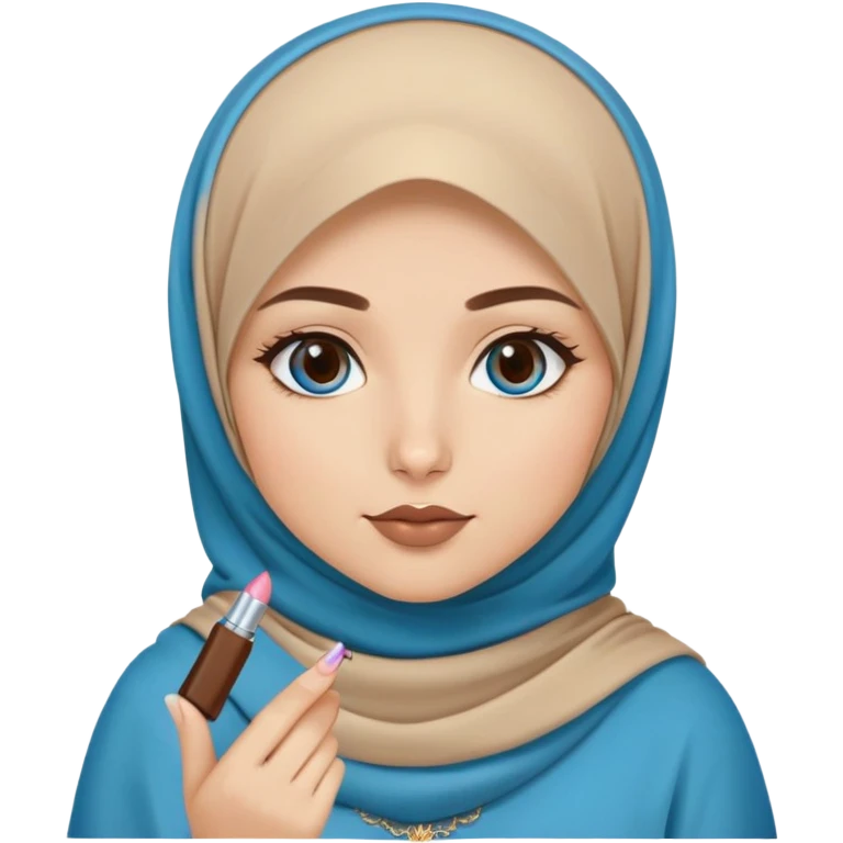 Turkish beautiful finish Konya blonde girl blue eyes with brown beige hijab islamic dress and had on her hand brown lipgloss emoji