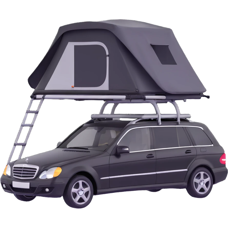 black Mercedes-Benz car with roof tent emoji