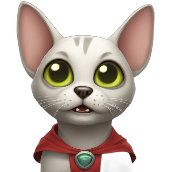 cartoon alien cat-dog with no ears, big fangs and a cape emoji