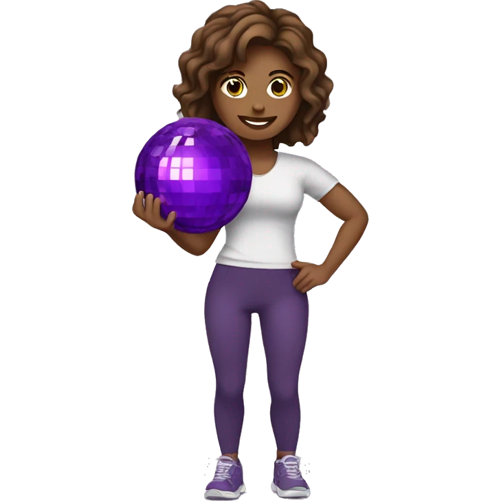 Brown hair woman holding purple disco ball and dumbbell emoji