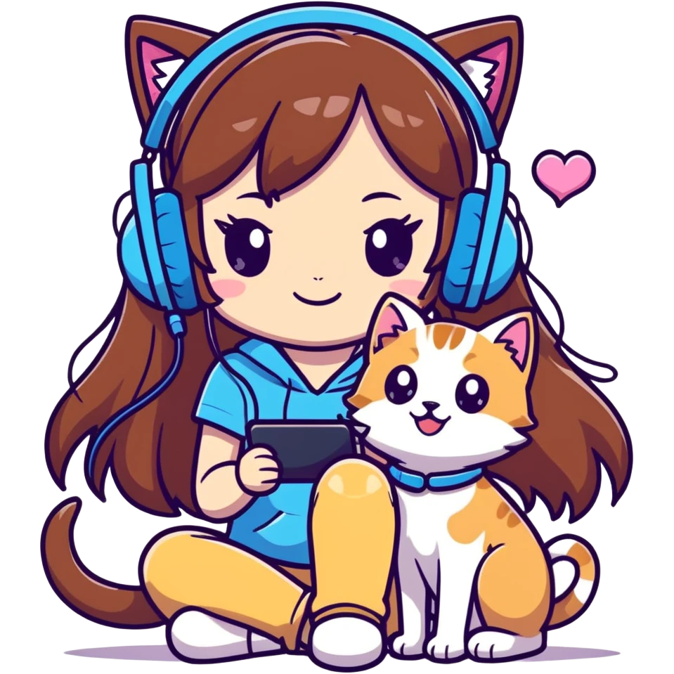 Anime-style gamer girl with long brown hair and a headset, in a pink and purple room with glowing heart decor, a happy puppy and kitten by her side, and sparkles everywhere — in magical girl anime style. emoji