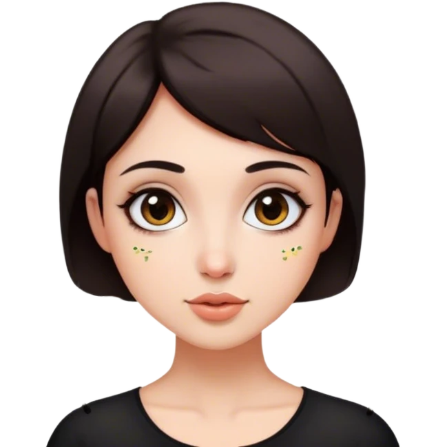 Mujer de 40 años pelo corto castaño oscuro ojos grandes nariz redonda y unas mariposas al rededor emoji