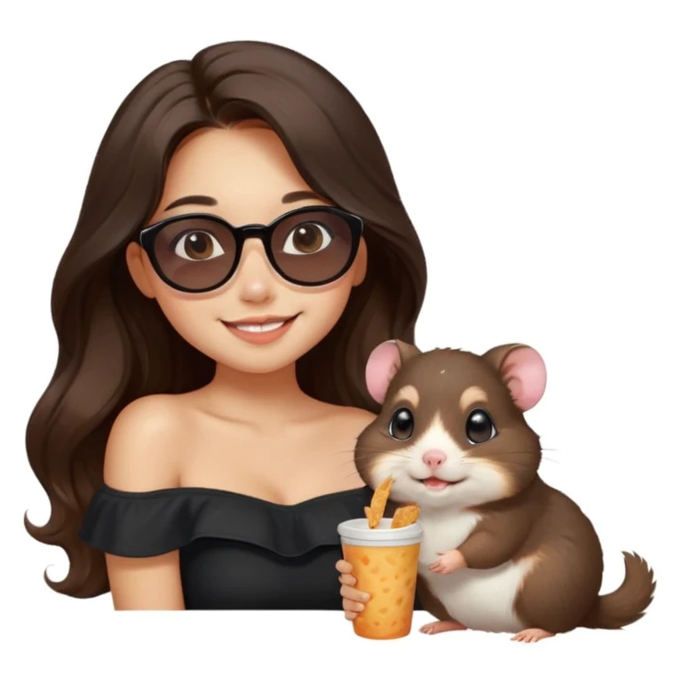 modern emoji-style illustration of a young woman with medium skin, long wavy dark brown hair, black off-shoulder top, soft smile, warm expressive eyes, pet hamster on her shoulder wearing round sunglasses eating a snack, cheerful charming fun scene, soft pastel gradient background emoji