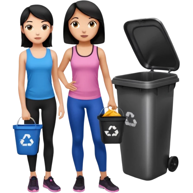 generate a genmoji of a black haired girl in a pink tank top and black leggings holding a black trash bag. Standing with her is a brunette girl in a similar blue tank top and black leggings.
Standing in front of a dustbin emoji