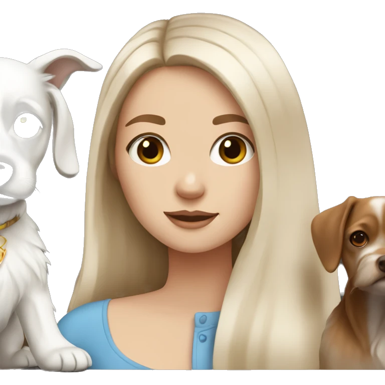 white girl with brown long hair and a small white dog emoji