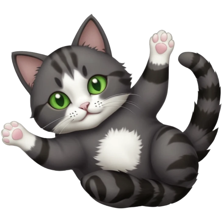 dark grey cat with green eyes, white toes/paws and white patch on her chest playfully rolling upside down emoji