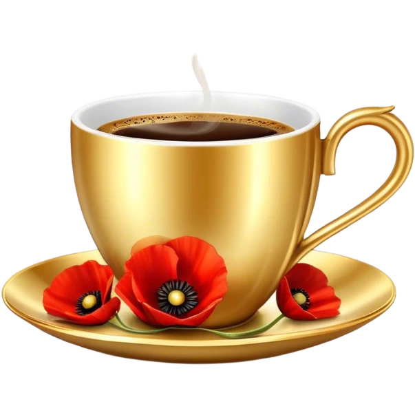 A luxurious golden coffee cup with an elegant curved handle, filled with steaming espresso. The light reflects off its metallic surface, creating a cozy and sophisticated ambiance and red poppies  emoji