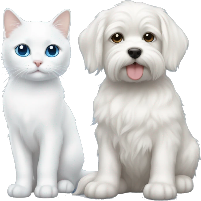 Maltese puppy and white cat with blue eyes next to eachother emoji