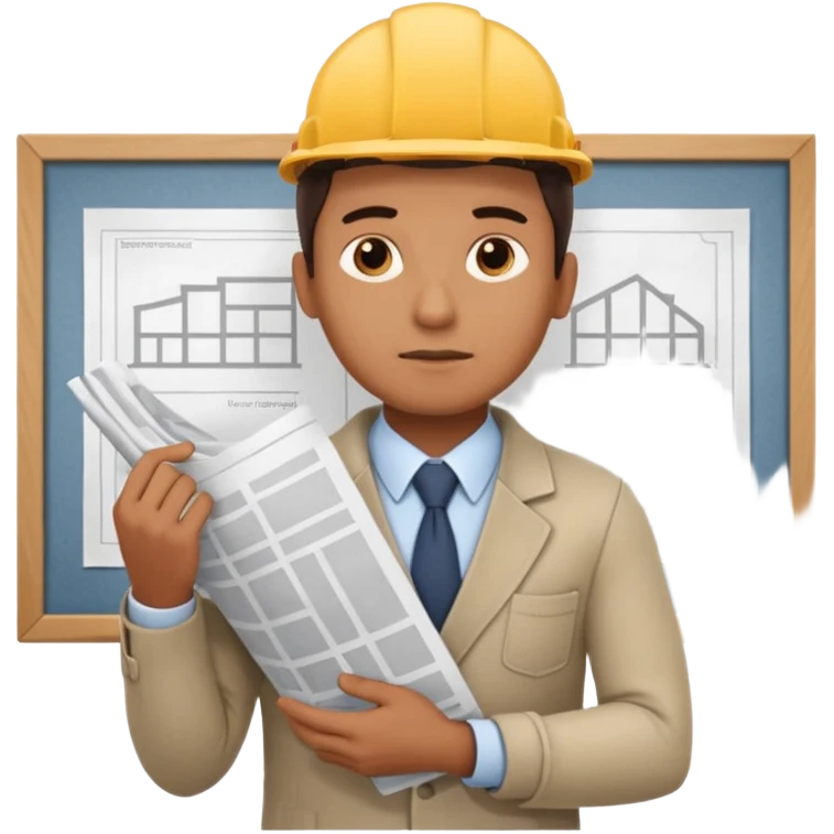 thinking architect in office cloth without helmet that holds architecture plan and is in thinking pose emoji