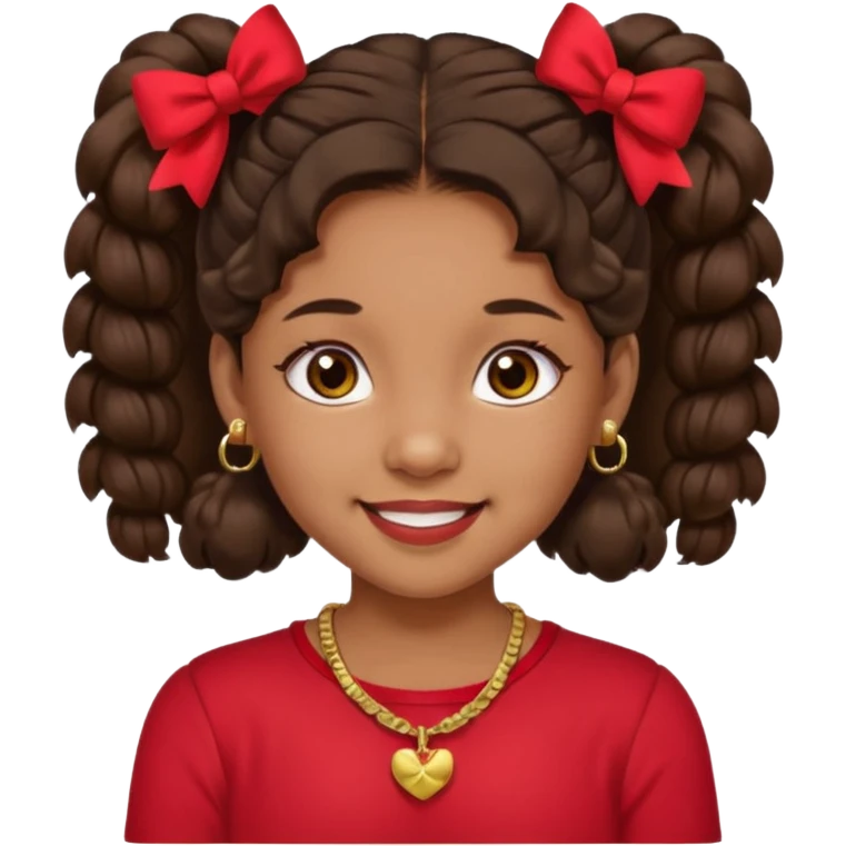 Brownskin girl dark brown hair fluffy. pigtails with red bows brown eyes smiling closed mouth red shirt gold esrrings gold necklace emoji