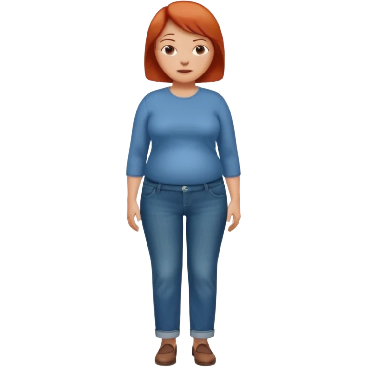 Lazy old Short woman with straight short red hair and fat tummy..wears business casual loose jeans and full sleeve  tshirt. Not smart looking ill fitting clothes emoji