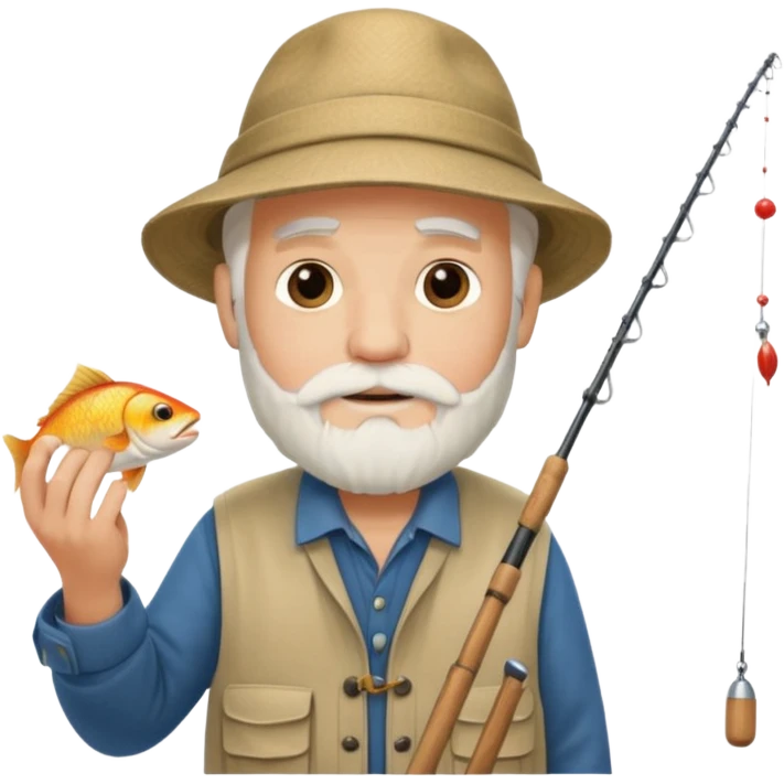 an old white haired, bearded man in fisherman attire, sat in a boat at sea, holding a fishing rod and catching fish with it. emoji
