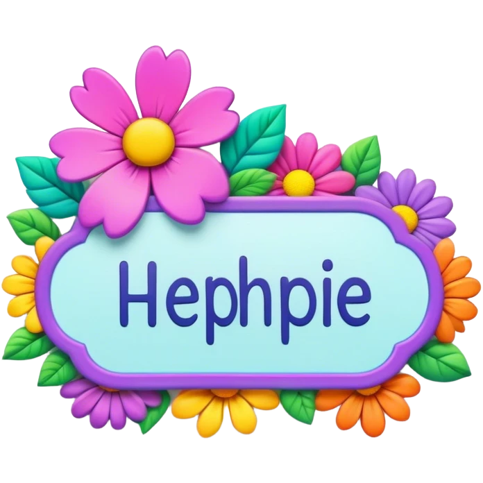 3D, psychedelic colored name tag with hippie style flower border emoji