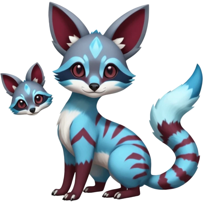 Rare realistic cool burgundy cute epic aesthetic colorful Amaura-Glaceon-Civet-Genet-species-Fakemon-hybrid-creature, with markings, full body emoji