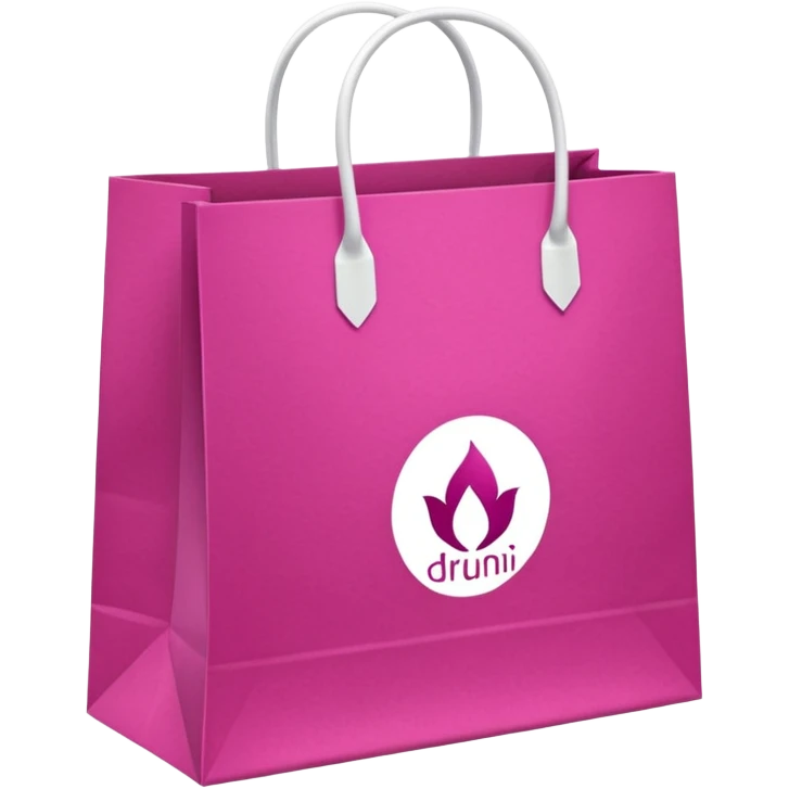 bolsa de papel fucsia con asas blancas y en el centro de la bolsa el logo de druni perfumerias en color blanco emoji