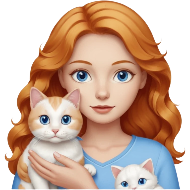 Long wavy strawberry blonde blue eyes woman with a white cat with blue eyes realistic  emoji