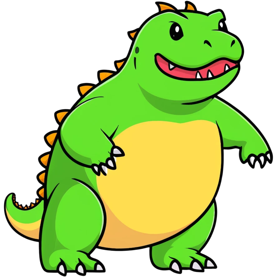A fat komodo dragon with a bloated stomach, mid-hiccup with its body bouncing slightly from the hiccup emoji