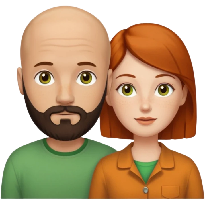 Couple. Bald man with dark brown-black beard. White woman with many small, faded freckles, she has white skin and she has auburn-yellow-brown-cinnamon, dark hair. She has light orange-brown eyes. The man have hazel eyes. They like green. Retro style. emoji