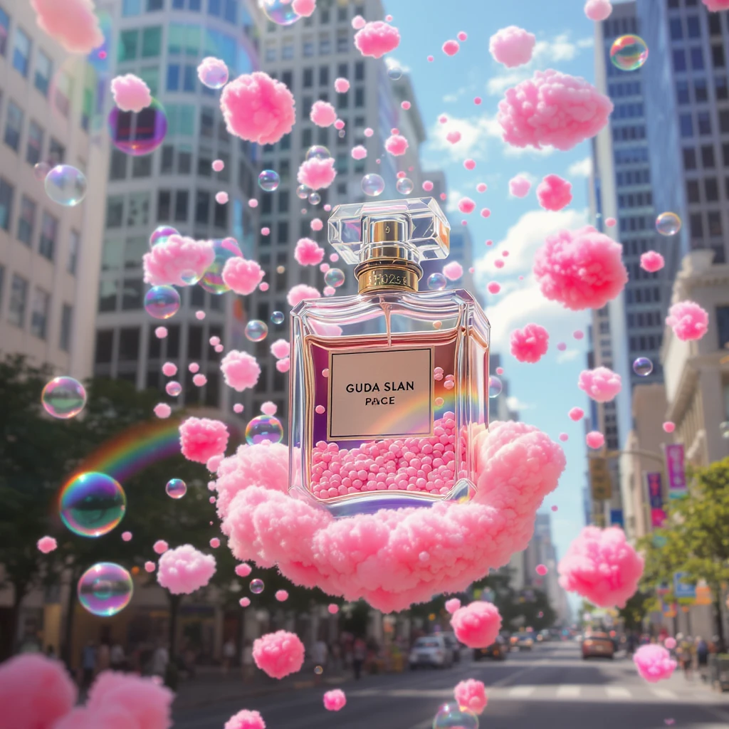 Cinematic still perfume bottle inside bubbles flying around San Francisco downtown, sunny summer day, happy vibe, colorfull surround, rainbow, small cute pink clouds around emoji