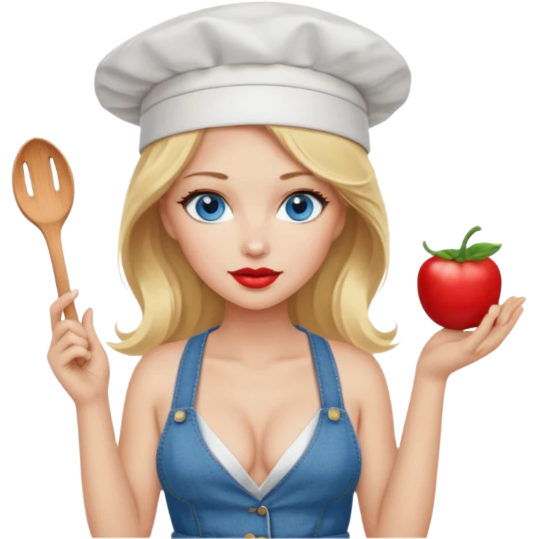 Beautiful, sexy,  long blonde hair, blue eyed, full red lips plunging v neck shirt, denim shorts, chef hat  emoji