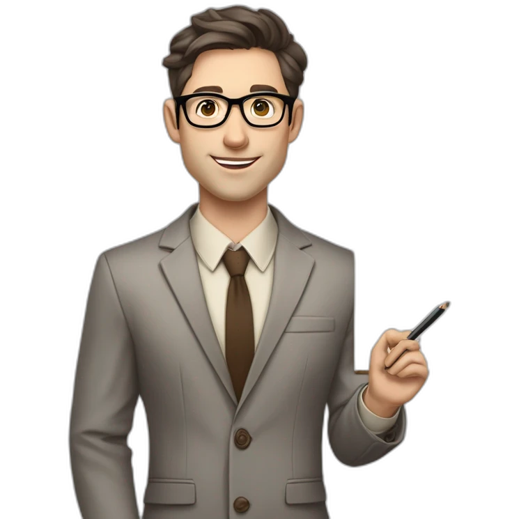 Pale skinned fit man with dark brown hair in gray jacket, beige office shirt, brown tie, brown pants and vintage glasses Writing on the flipchart emoji