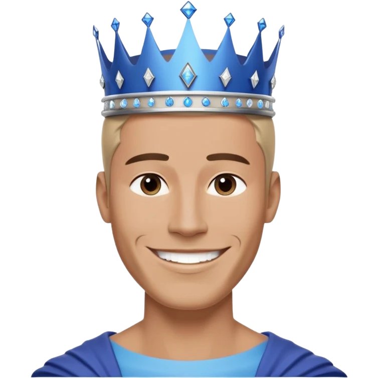 A clean-shaven man, moderately smiling, wearing a large, modern, minimalist blue crown that is bigger than his face. The crown has a wide, smooth base, no details or gemstones, and a sleek contemporary design. The overall style is minimalistic and elegant, with a neutral background emoji