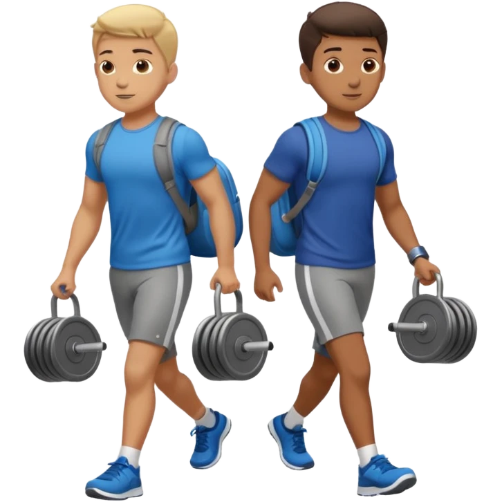 two boys walking, wearing gym clothes and carrying gym equipment, full body emoji