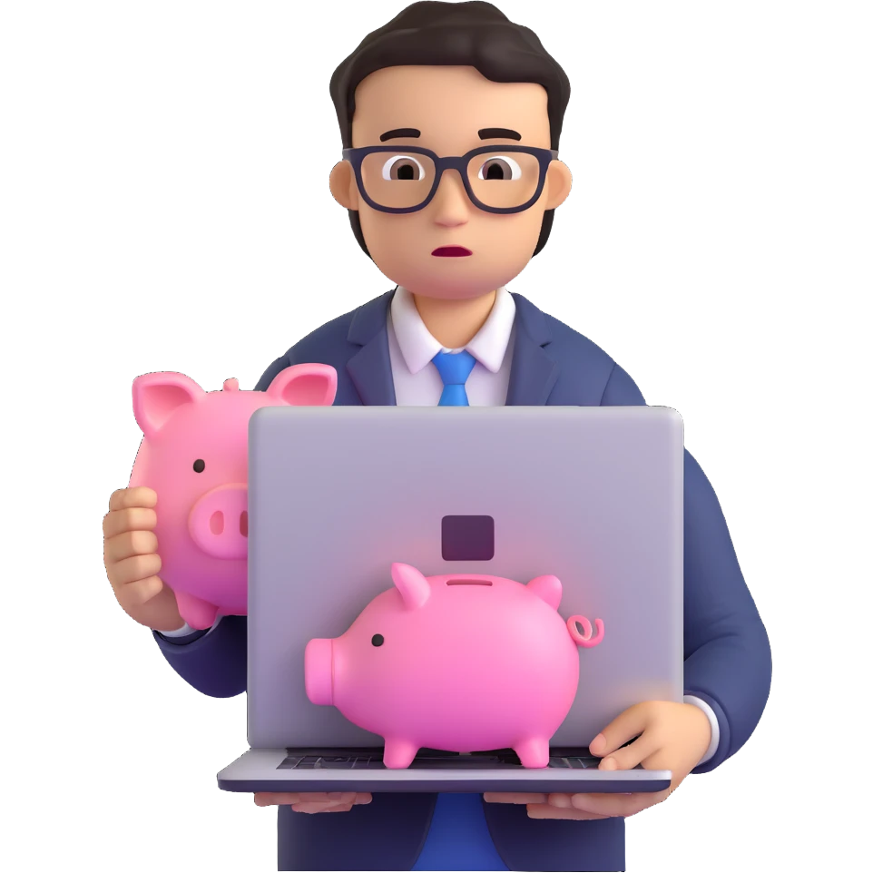 A student with a laptop and a piggy bank, looking tired emoji