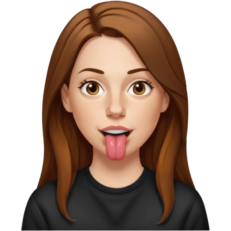 A 38 year old white woman with long brunette hair parted in the middle. She has her nose pierced. Her nose is medium sized. She has brown eyes. She has freckles and is wearing a black sweatshirt and is sticking out her tongue. emoji
