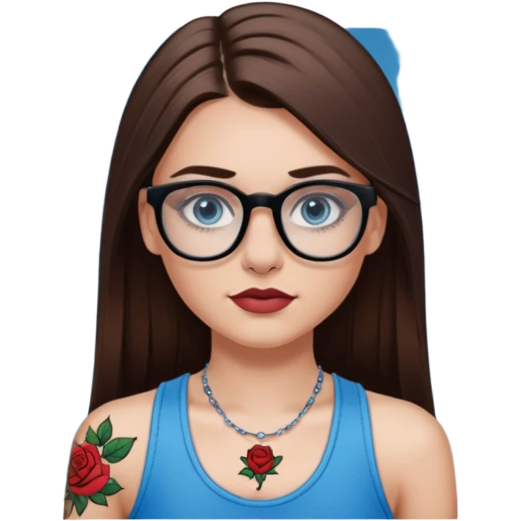 White girl with long straight brown hair and blue eyes wearing plastic frame glasses that go from black to clear ombré from top to bottom. Stud nose piercing on right side of nose and a septum piercing. Wearing black tank top. Rose tattoo on right arm. emoji
