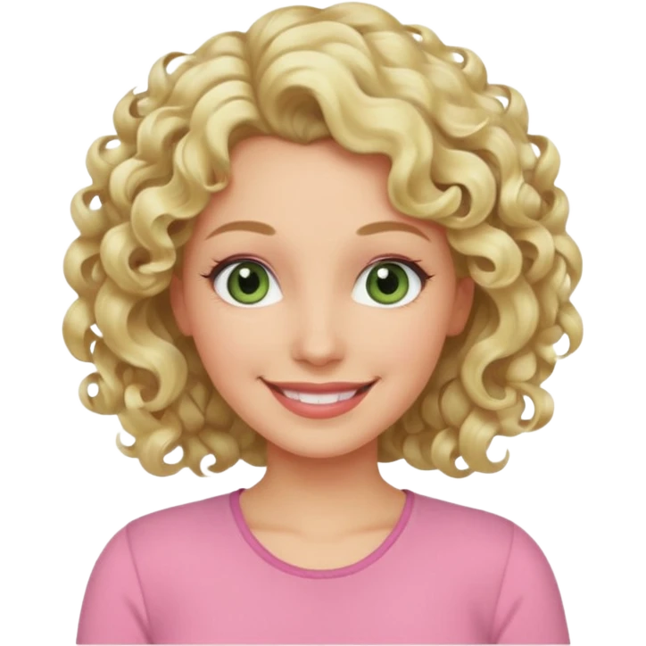 a woman in her late 40s and has greyish greenish eyes and blonde curly hair wearing a pink top emoji