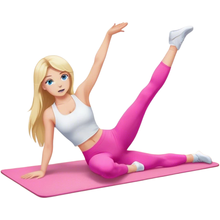 A cinematically realistic blonde with long hair and blue eyes, dressed in a white top and pink leggings, performs a sports exercise on a mat emoji