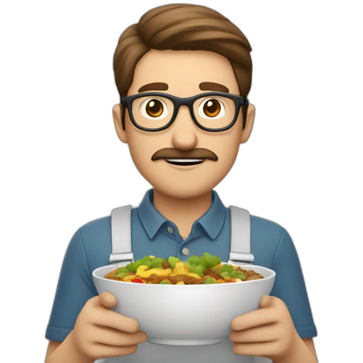 brown hair white guy with mustache wearing full rounded glasses with meal in hands emoji