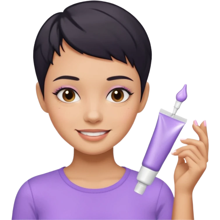 tan girl with pastel purple shirt with black hair & a pixie, doing her skin care emoji