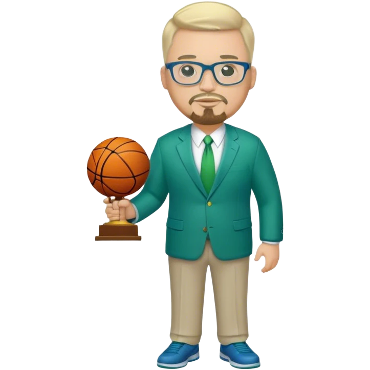 Full Body white fat male  wearing glasses with a goatee with light blonde gray very short hair basketball head Coach in blue and green suit holding trophy emoji