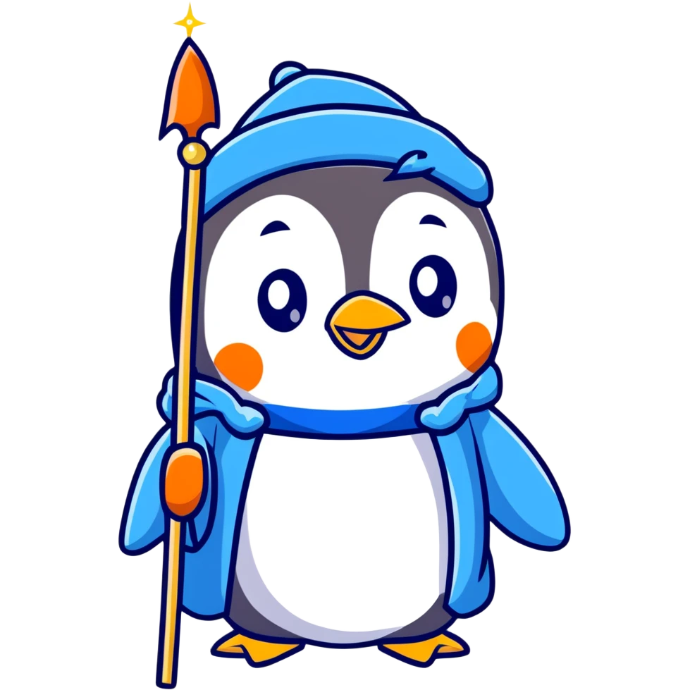 cartoon penguin wizard with a blue robe and sparkly hat, holding a glowing staff emoji