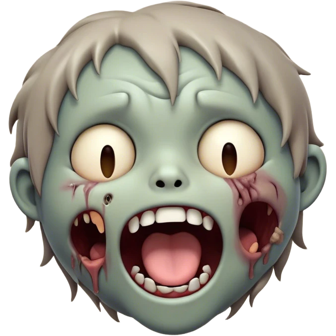 Cinematic Cute Yawning Zombie Portrait Emoji, with a delightfully quirky, slightly disheveled face in muted ashen tones, head tilted back in a big, funny yawn that reveals quirky stitches and playful gaps, simplified yet irresistibly charming, highly detailed with a soft, eerie glowing outline capturing the sleepy, offbeat vibe of a zombie taking a nap! emoji