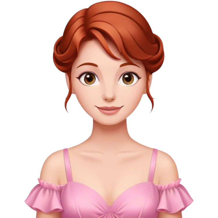 Cinematic Radiant Sleeping Beauty Portrait Emoji, rendered in a realistic, vector style with clean proportions. Show Aurora with a gentle smile, porcelain skin, and beautifully styled auburn hair, wearing her classic pink gown. The image glows with a soft, inviting radiance and high shine, accentuated by a soft glowing outline that enhances her graceful charm. emoji