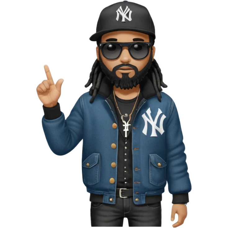 African American man with shoulder length black dreadlocks with black beard wearing black sunglasses wearing a New York Yankees logo baseball cap wearing a dark black bubble winter coat wearing denim skinny jeans and Timberland boots hand pointing to the right emoji
