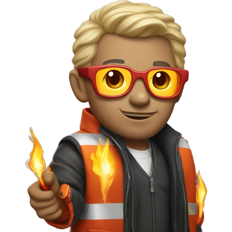 man with fire glasses and a mechanical arm attached to his jacket emoji