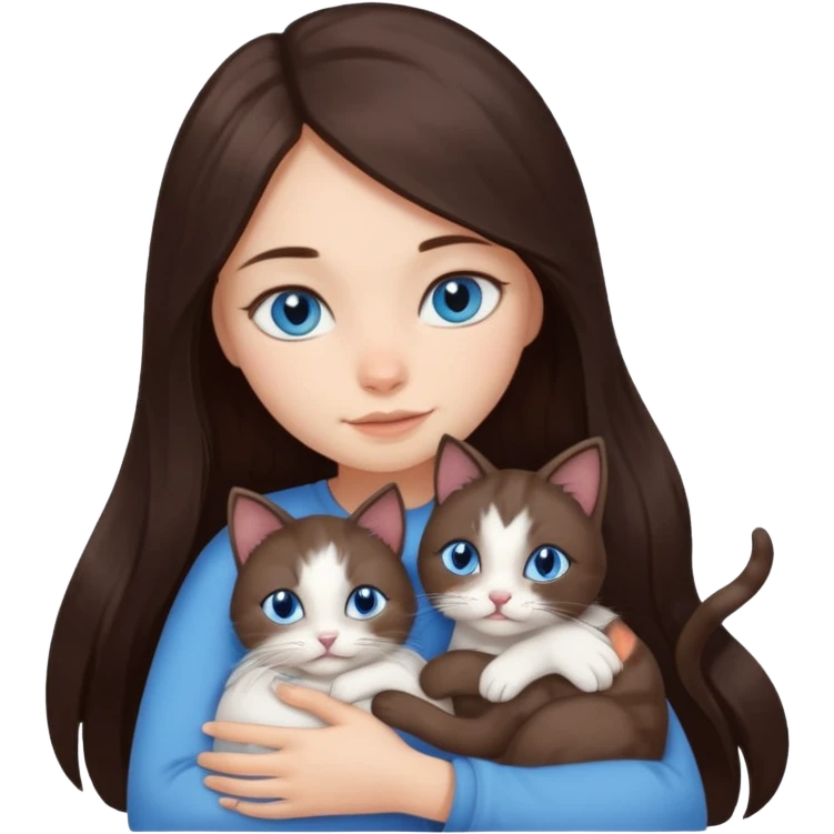 a girl with long dark 
brown hair, with blue eyes, hugs 3 different natural coloured small cats emoji