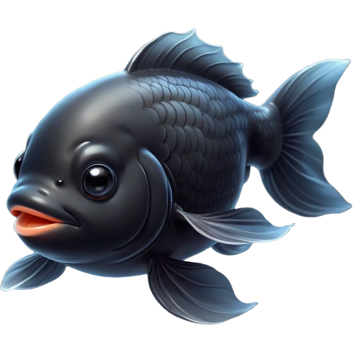 Meme-Worthy Cute Sleeping Black Goldfish Portrait Emoji, Head resting peacefully with a contented smile, showcasing a streamlined, graceful body and a luxuriously soft deep black hue, eyes closed in a serene, floating nap, Simplified yet hilariously adorable features, highly detailed, glowing with a soft, drowsy light, high shine, relaxed and utterly lovable, stylized with an air of playful laziness, bright and heartwarming, soft glowing outline, capturing the essence of a comically sleepy goldfish, so meme-worthy it feels like it could instantly become the next viral sensation of adorable slumber! emoji