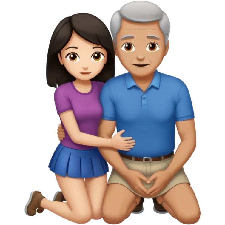older man with dark hair on knees, facing dark haired woman in a micro mini skirt, hugging her waist emoji