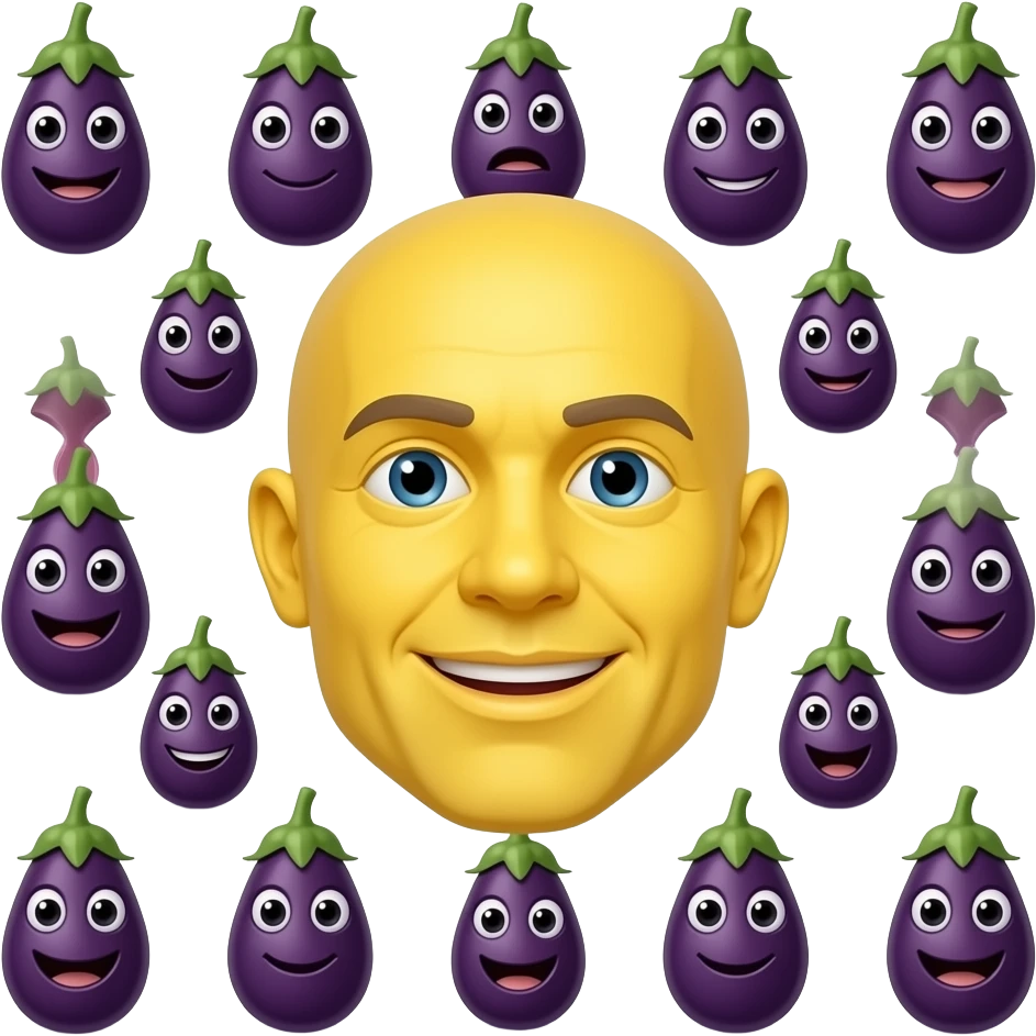 Yellow emoji face surrounded by multiple eggplants wanting to eat them all emoji